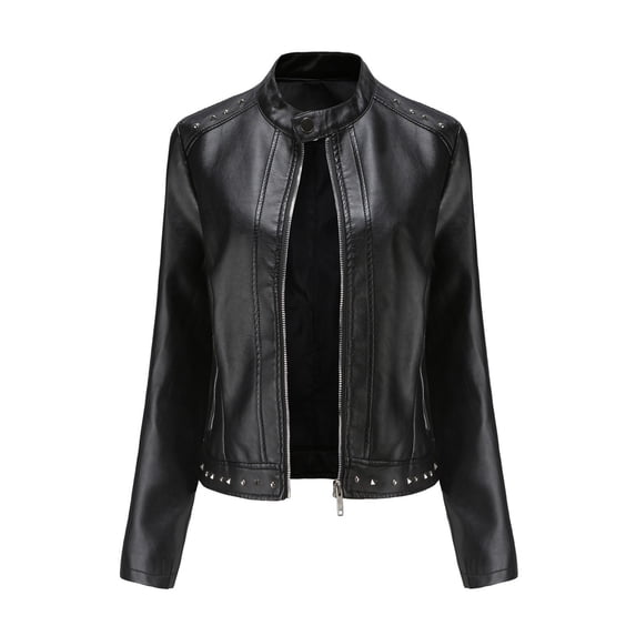 Leather Jacket for Women Casual Solid Slim Leather Stand Collar Zip Motorcycle Suit Belt Coat Jacket Coat Tops