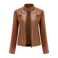 thumbnail image 1 of Leather Jacket for Women Casual Solid Slim Leather Stand Collar Zip Motorcycle Suit Belt Coat Jacket Coat Tops, 1 of 5