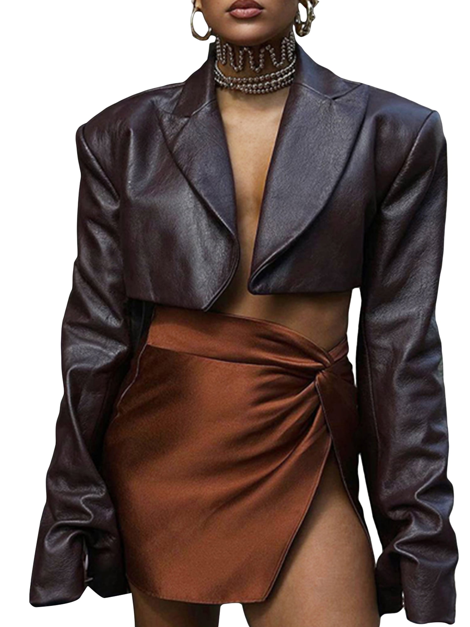 Leather Jacket for Women Long Sleeve Lapel Collar Open Front Cropped ...