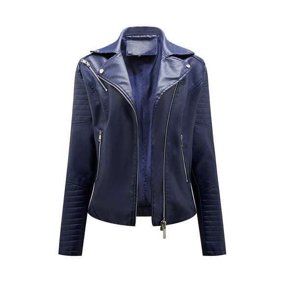 Leather Jackets for Women KONBECA Women Faux Leather Moto Biker Short Coat Jacket, Plus Size Short Lightweight Motorcycle Biker Jacket, Fitted Slim Jackets Coat Navy L