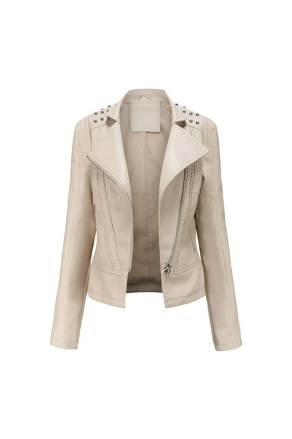 Leather Jackets for Women Zpanxa Women Faux Leather Moto Biker Short Coat Jacket, Plus Size Short Lightweight Motorcycle Biker Jacket, Fitted Slim Jackets Coat Beige L