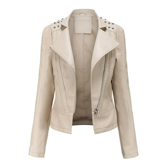 Leather Jackets for Women Zpanxa Women Faux Leather Moto Biker Short Coat Jacket, Plus Size Short Lightweight Motorcycle Biker Jacket, Fitted Slim Jackets Coat Beige L