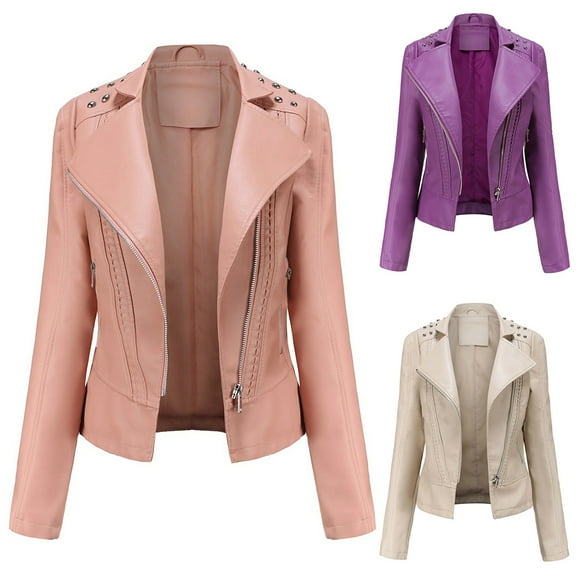 Leather Jackets for Women Zpanxa Women Faux Leather Moto Biker Short Coat Jacket, Plus Size Short Lightweight Motorcycle Biker Jacket, Fitted Slim Jackets Coat Pink L