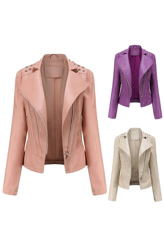 Leather Jackets for Women Zpanxa Women Faux Leather Moto Biker Short Coat Jacket, Plus Size Short Lightweight Motorcycle Biker Jacket, Fitted Slim Jackets Coat Pink L