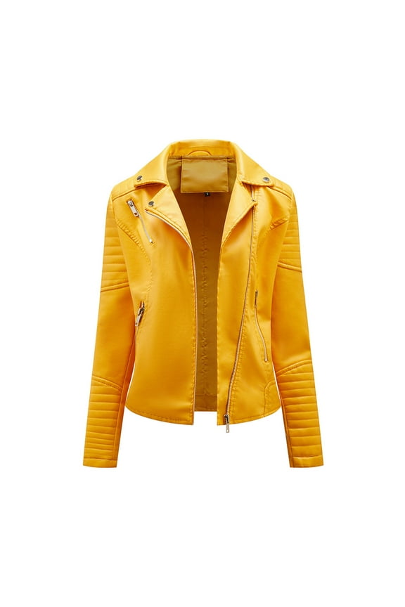 Leather Jackets for Women Zpanxa Women Faux Leather Moto Biker Short Coat Jacket, Plus Size Short Lightweight Motorcycle Biker Jacket, Fitted Slim Jackets Coat Yellow S