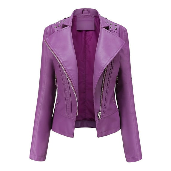 Leather Jackets for Women Zpanxa Women Faux Leather Moto Biker Short Coat Jacket, Plus Size Short Lightweight Motorcycle Biker Jacket, Fitted Slim Jackets Coat Purple L