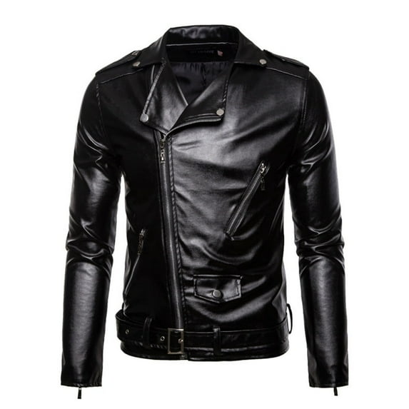Leather Jackets for Men Belted Faux PU Motorcycle Bomber Jacket Lapel Zip-Up Asymmetric Slim Fit Biker Coat with Pocket