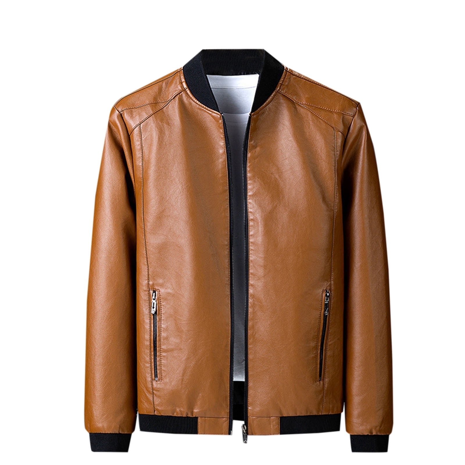 Leather Jackets for Men Plus Size M-6XL Full Zipper Up Coats Trendy Long Sleeve Solid No Hood Business Outerwear Jacket with Pockets