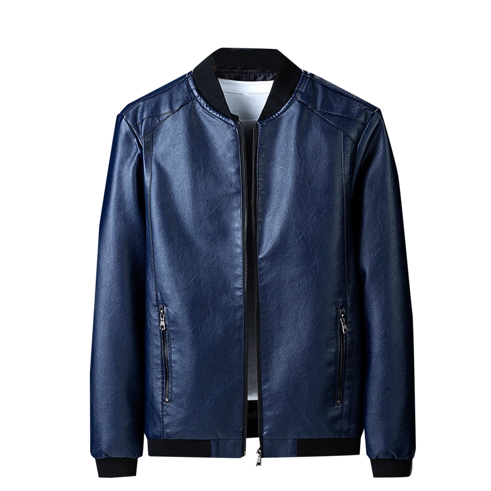 Leather Jackets for Men Plus Size M-6XL Full Zipper Up Coats Trendy Long Sleeve Solid No Hood Business Outerwear Jacket with Pockets