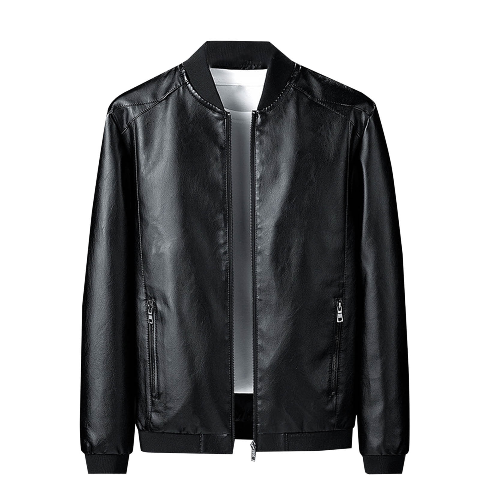 Leather Jackets for Men Plus Size M-6XL Full Zipper Up Coats Trendy Long Sleeve Solid No Hood Business Outerwear Jacket with Pockets