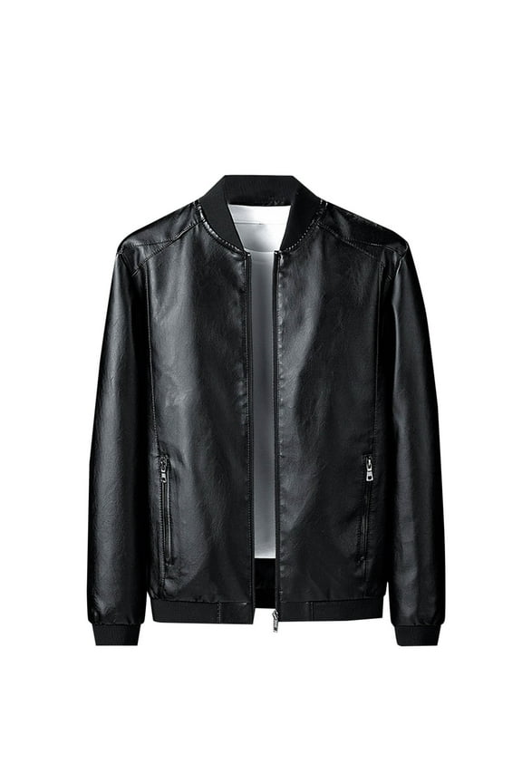 Leather Jackets for Men Plus Size M-6XL Full Zipper Up Coats Trendy Long Sleeve Solid No Hood Business Outerwear Jacket with Pockets