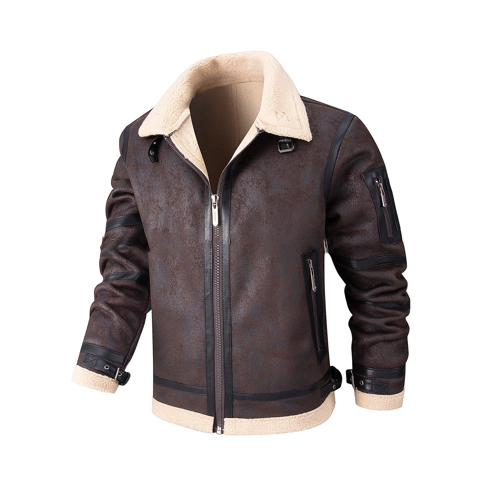 Leather Jackets for Men Thicken Fleece Lined Coats with Zipper Pockets and Collared Long Sleeve Zip Up Slim Thermal Warm Business Work Winter Jacket