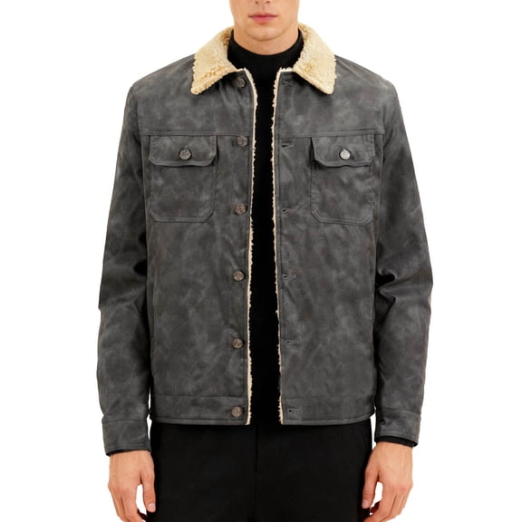 Leather Jackets for Men with Pockets Fleece Lined Button-Down Coats Mens Trendy Solid Color Long Sleeve Collared Thermal Warm Windbreaker Jacket