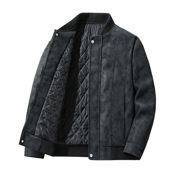 Leather Jackets for Men with Pockets Zip Up Quilted Coats Mens Casual Solid Color Long Sleeve Mock Neck Thermal Warm Windbreaker Motorcycle Jacket