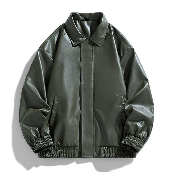 Leather Jackets for Men with Pockets and Collared Long Sleeve Coats Mens Trendy Solid Color Zip Up Windbreaker Motorcycle Jacket