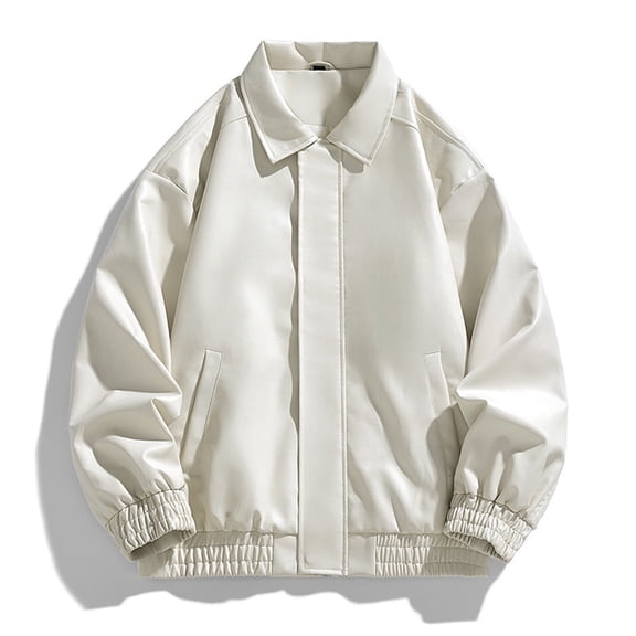 Leather Jackets for Men with Pockets and Collared Long Sleeve Coats Mens Trendy Solid Color Zip Up Windbreaker Motorcycle Jacket