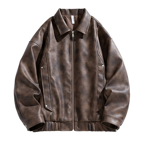 Leather Jackets for Men with Pockets and Collared Zip Up Fall Coats Mens Trendy Long Sleeve Solid Color Lapel Windbreaker Motorcycle Jacket