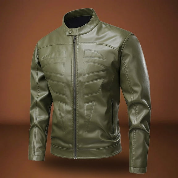Leather Jackets for Men with Zipper Pockets Long Sleeve Mock Neck Coats Mens Trendy Zip Up Solid Color Slim-Fit Windbreaker Motorcycle Jacket