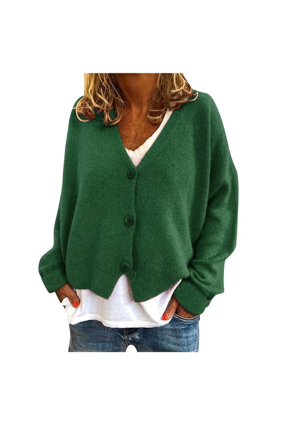 Leather Jackets for Women Casual Spring Women's Button Solid Knit Sweater Cardigan Long Sleeved Jacket(Dark Green XL)