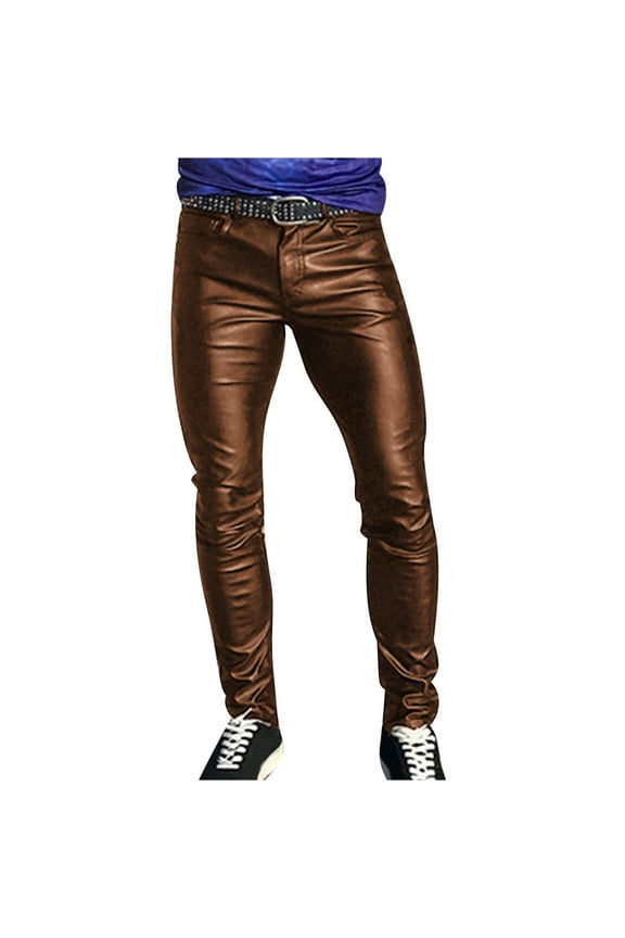 Leather Jeans for Men Vintage Goth Punk Slim Fit Trousers Casual Solid Color Straight Leg Pants with Pockets