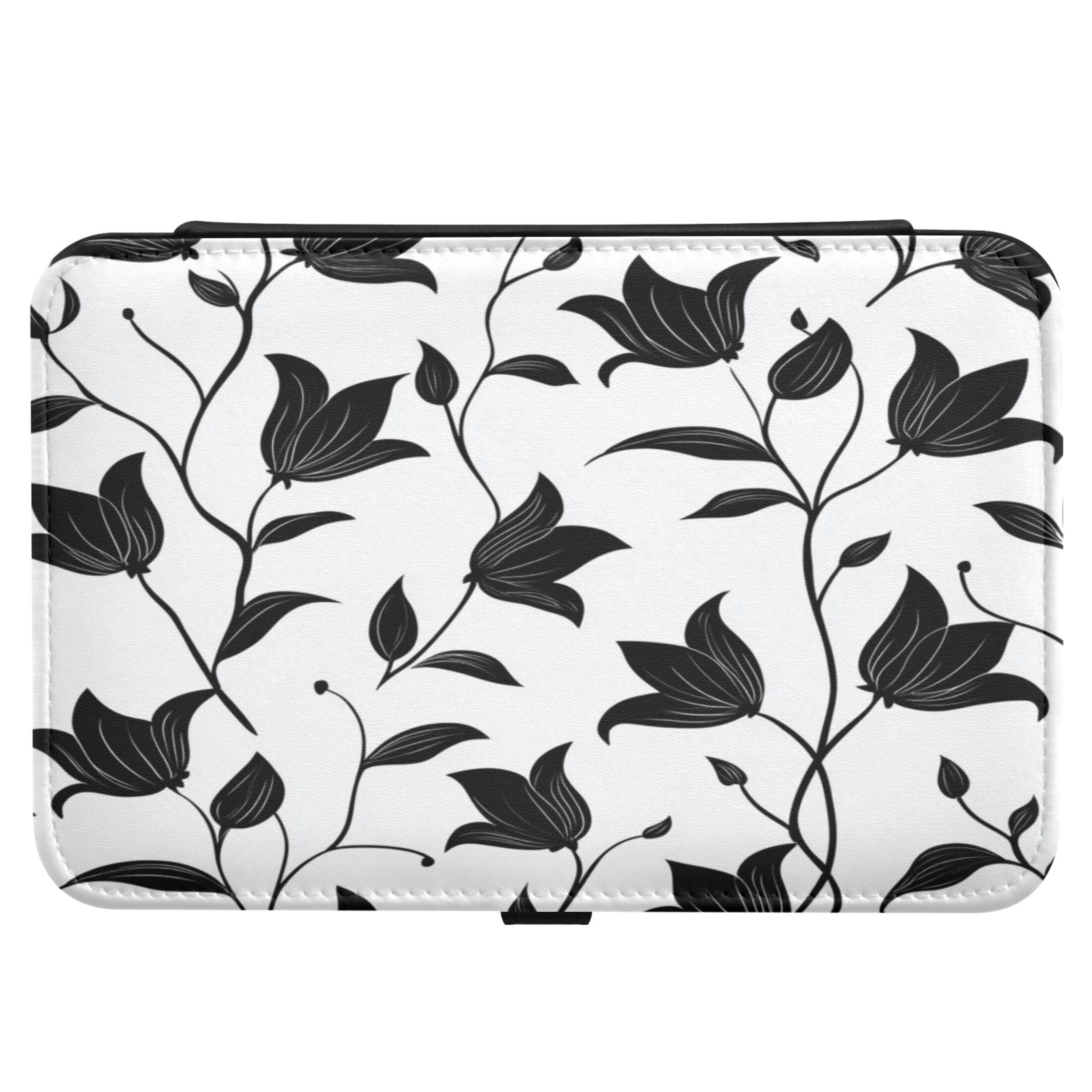Leather Jewelry Box Rectangular 8.27x5.5x1.78In Travel Jewelry Storage Earrings Necklace Bracelet Watch Brooch Storage Black Cartoon Flower