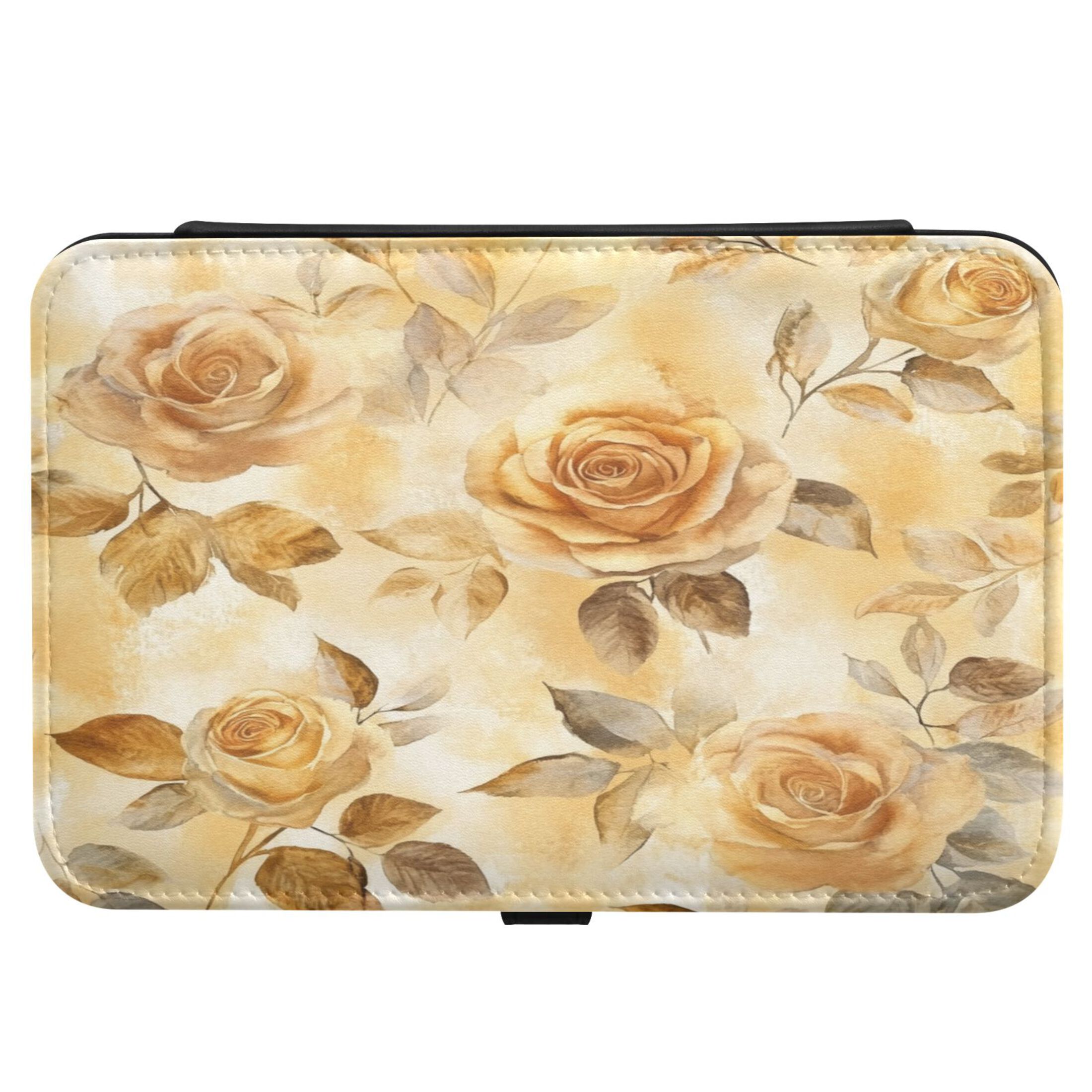 Leather Jewelry Box Rectangular 8.27x5.5x1.78In Travel Jewelry Storage Earrings Necklace Bracelet Watch Brooch Storage Cartoon Yellow Roses Seamless