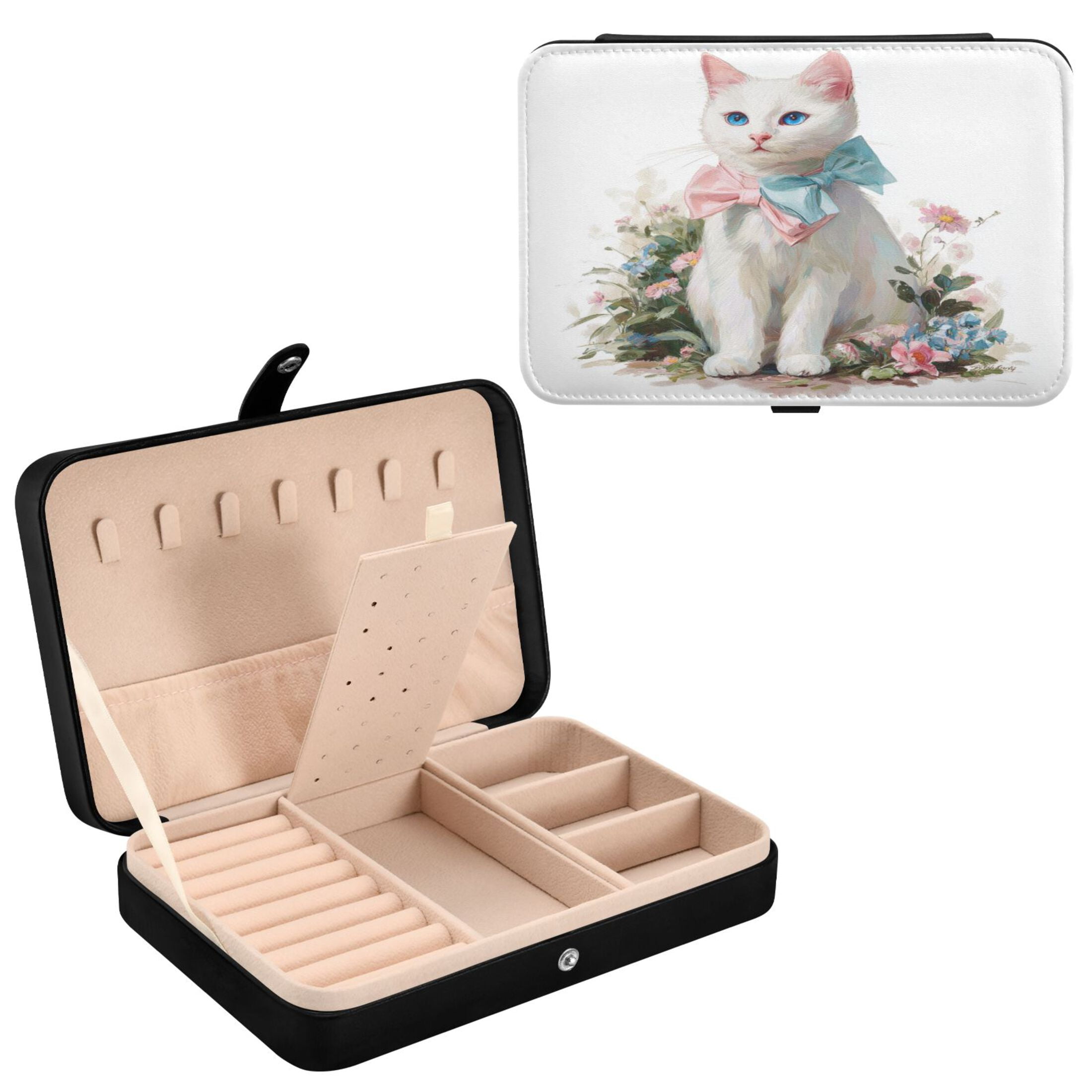 Leather Jewelry Box Travel Jewelry Storage Earrings Necklace Bracelet Watch Brooch Storage A Cute White Cat