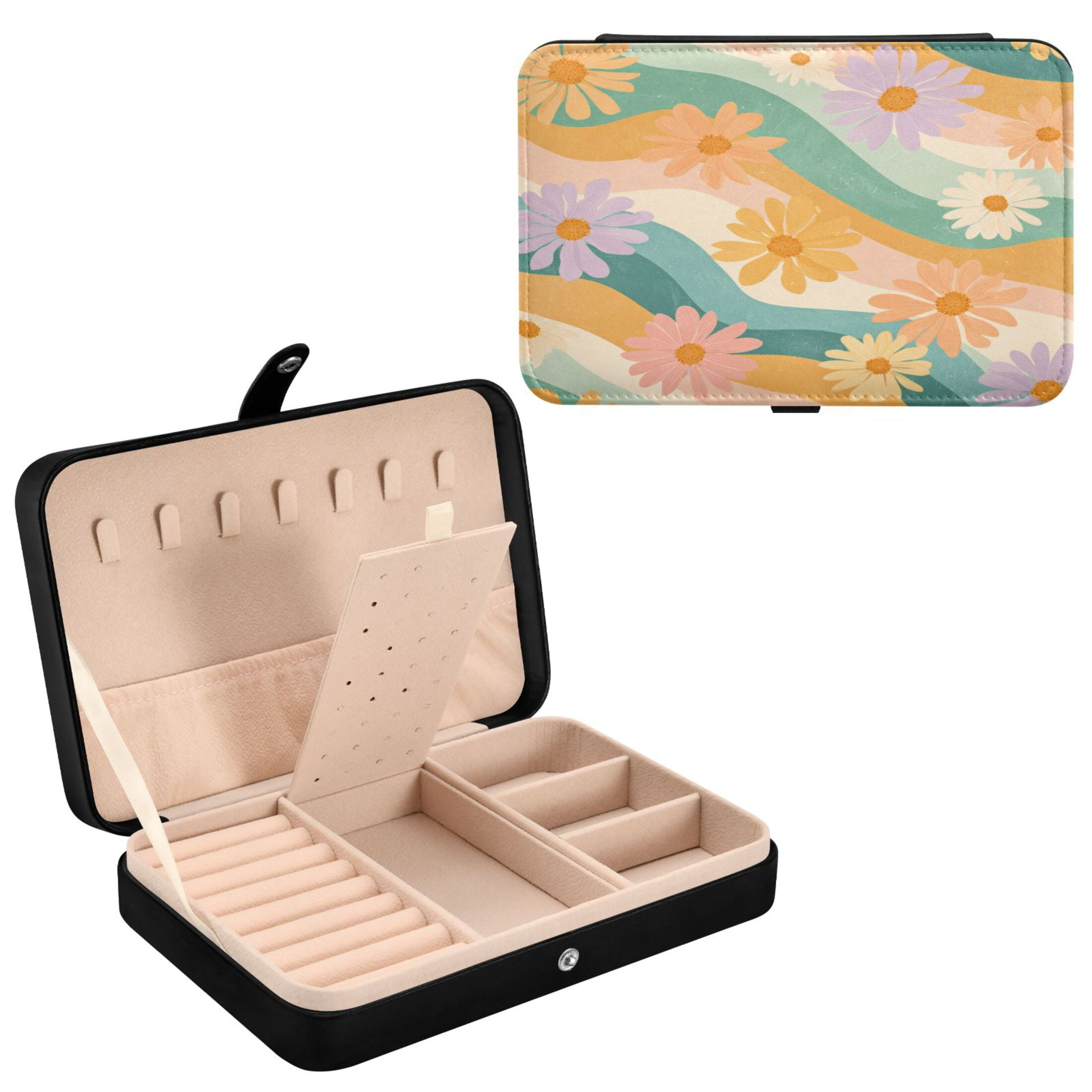 Leather Jewelry Box Travel Jewelry Storage Earrings Necklace Bracelet Watch Brooch Storage Colorful Chrysanthemums Seamless