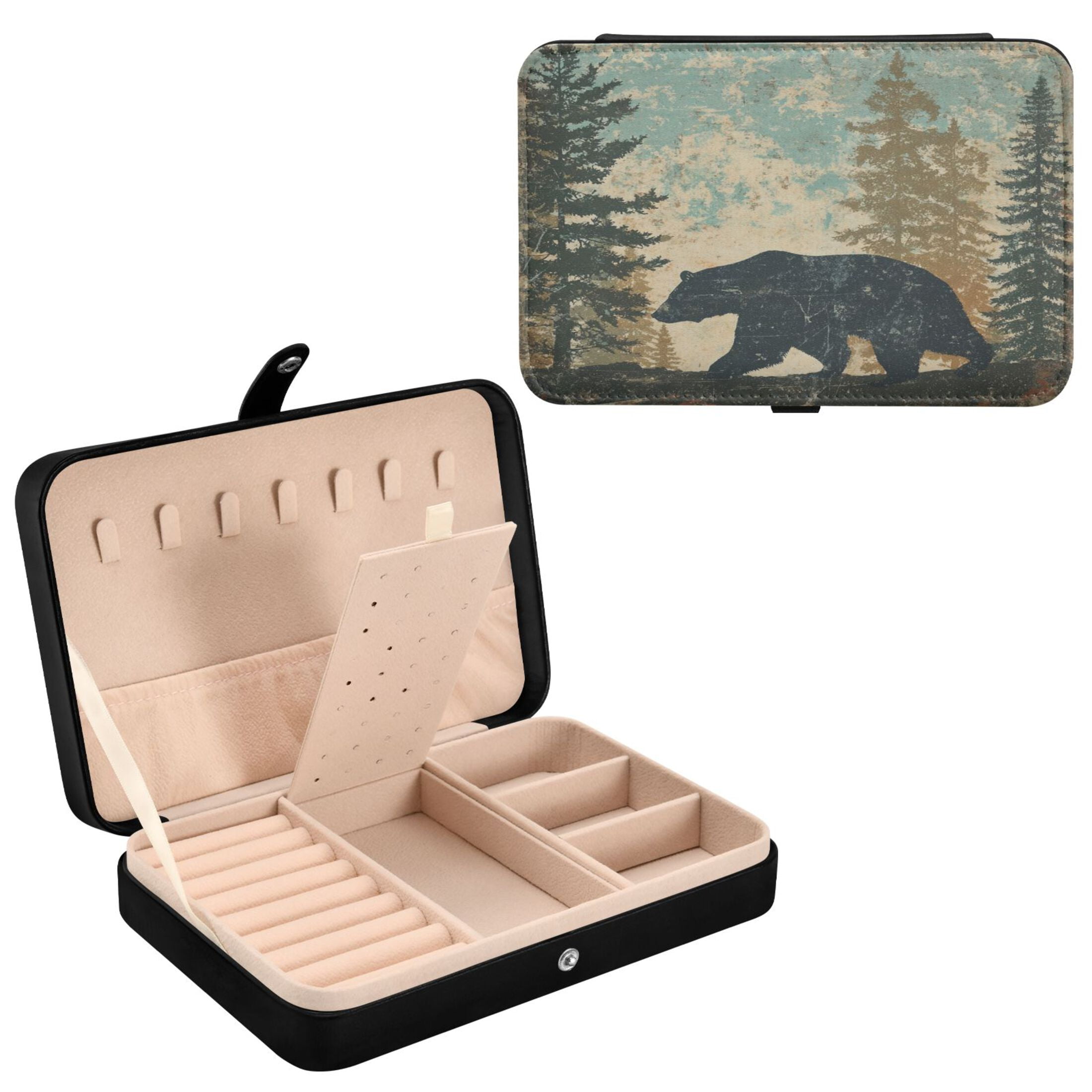 Leather Jewelry Box Travel Jewelry Storage Earrings Necklace Bracelet Watch Brooch Storage Gray Cartoon Bear Pattern
