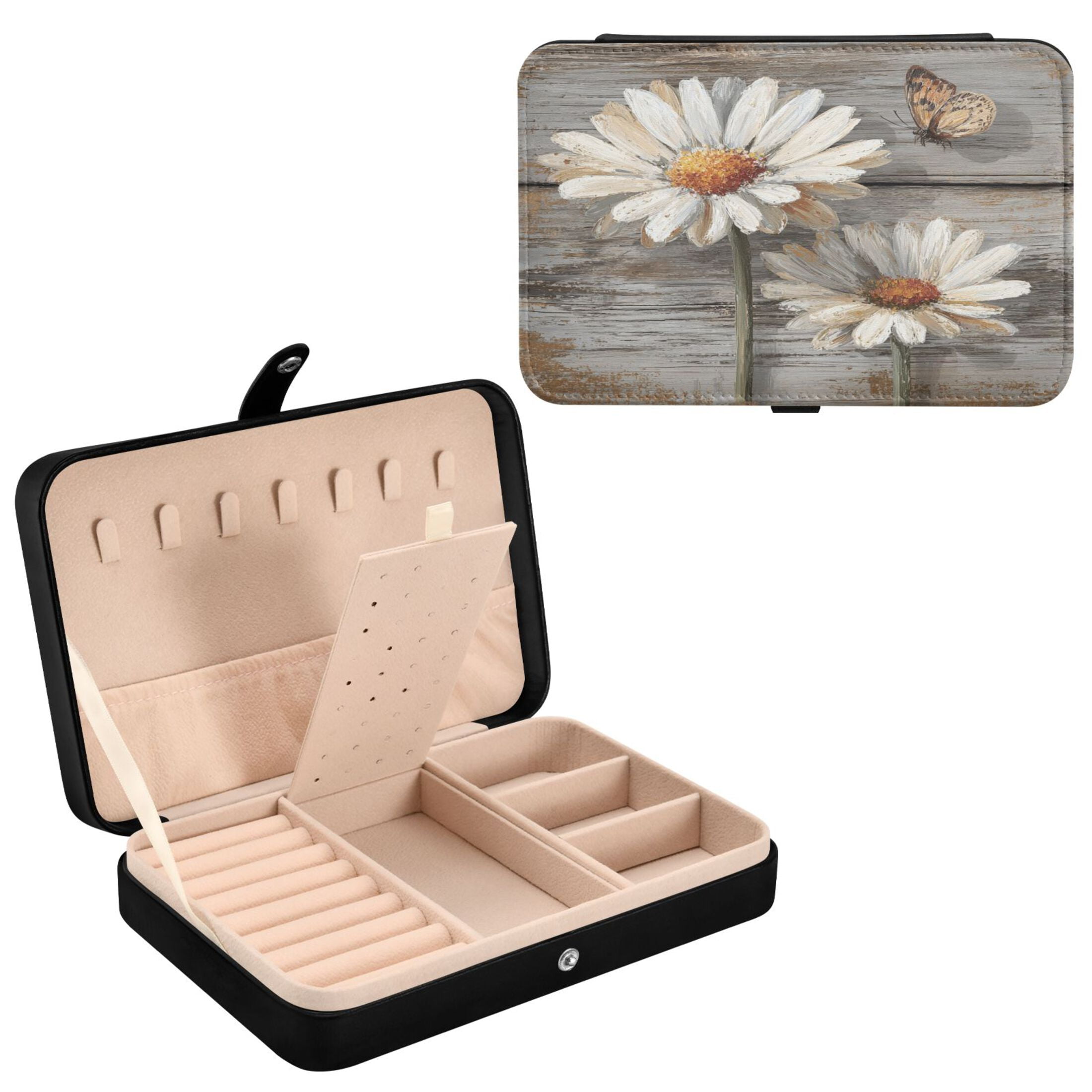 Leather Jewelry Box Travel Jewelry Storage Earrings Necklace Bracelet Watch Brooch Storage White Chrysanthemum Beautiful
