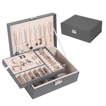 Leather Jewelry Box for Women Girls, Jewelry Organizer Storage Case with Two Layers Display for Necklace Earrings Bracelets Rings Watches (Gray)