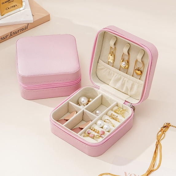 Leather Jewelry Travel Case, Small Organizer for Earrings and Necklaces, Portable Storage Box for Rings and Bracelets 4 Inch Pink