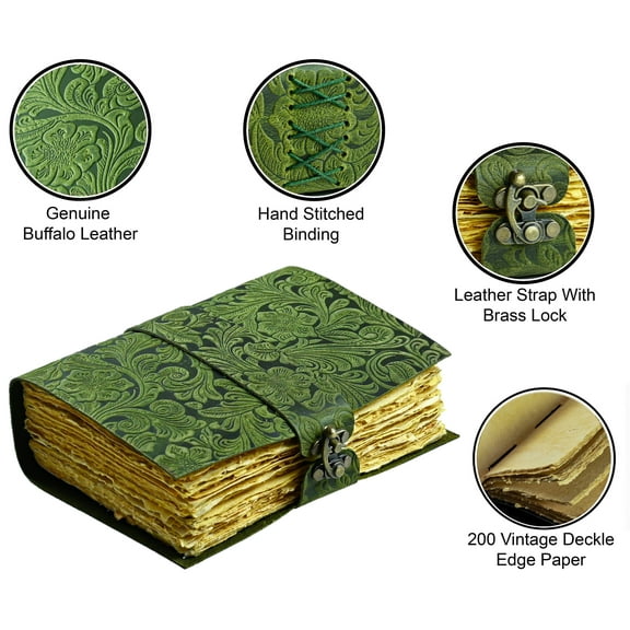 Agwani Handicraft Vintage Leather Journal – Embossed Flower Design, Handmade Deckle Edge Paper Writing Notebook & Sketchbook, 7x5 inch