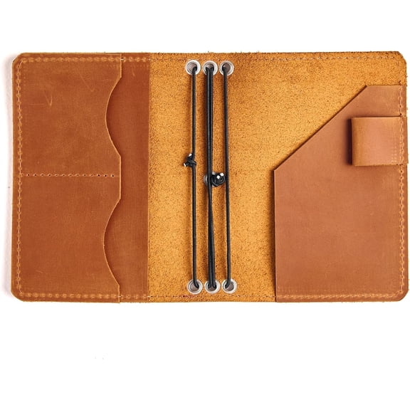 Leather Journal Cover for Field Notes 3.5"x5.5" - Refillable Notebook Case with 3 Elastic Bands, Pen Holder & Card Slots, Small Journal Cover for Travel & Writing (Paper Not Included), Warm Brown