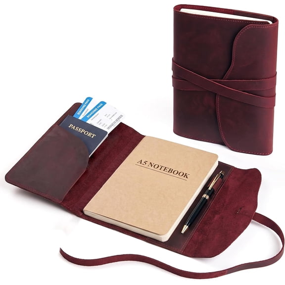 Leather Journal Cover Refillable A5 Notebook Cover (5.8" x 8.3"), Minimalist Wrap Book Sleeve in Full Grain Leather with Strap Closure, Slim Protective Diary & Planner Cover, Inserts Not Included
