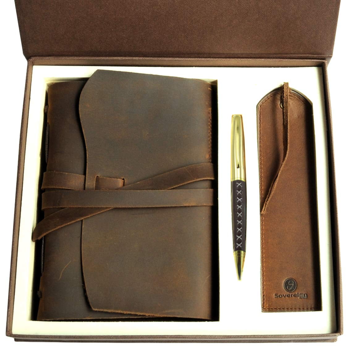 Vintage Leather Journal Gift Set with Bookmark + Pen, Handmade