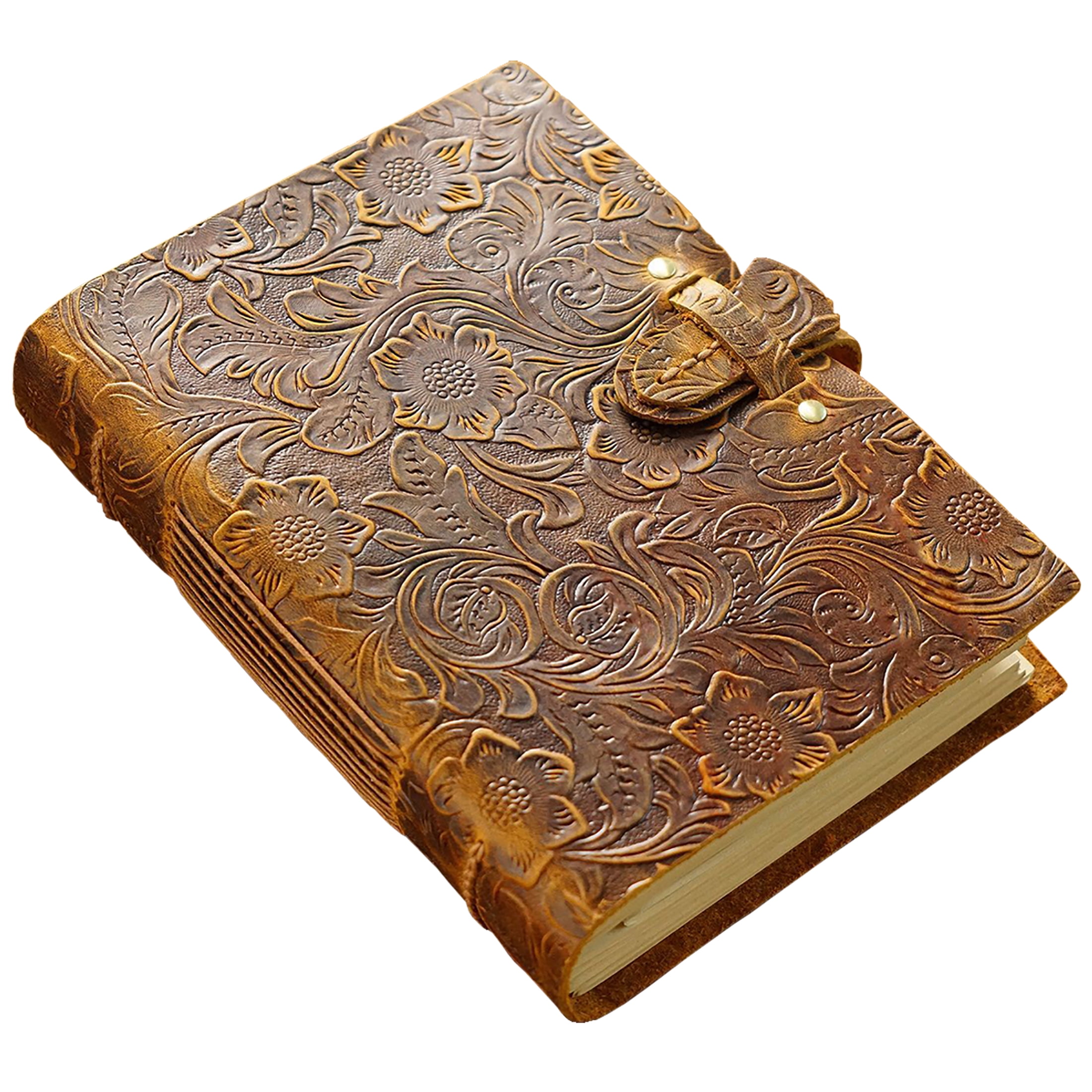 Leather Journal Notebook, 200 Sheets(400Pages) Kraft Paper Embossed Sketchbook, Genuine Leather Handmade Bound Travel Writing Journal Dairy, Gift for Men, Women (Vintage Brown, 7.5"x 5.5")