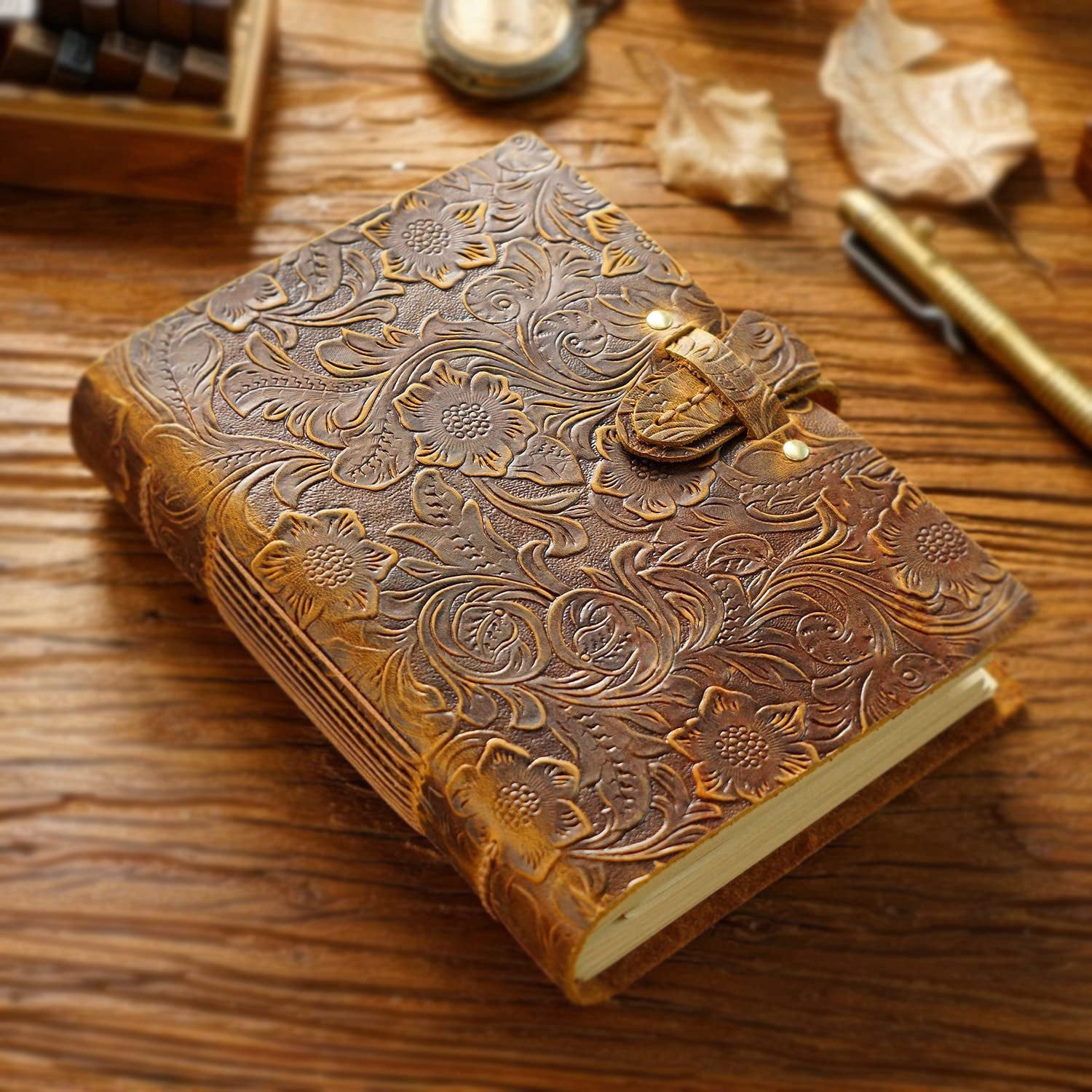 Leather Journal Notebook  200 Sheets(400pages) Kraft Paper Embossed Sketchbook Genuine Handmade Bound Travel Writing Dairy Gift For Men Women (vintage Brown 7.5"x 5.5")
