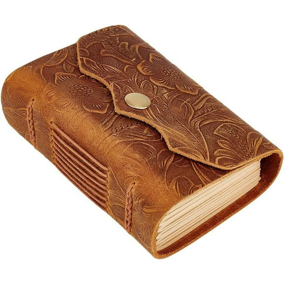 Leather Journal Notebook Small 4.3x3.3in Carving 320 Blank Pages Kraft Paper Handmade Travel Vintage Daily Lock Closure Portable Notepad for Man Women Gifts Artist Writing Drawing Brown DIY