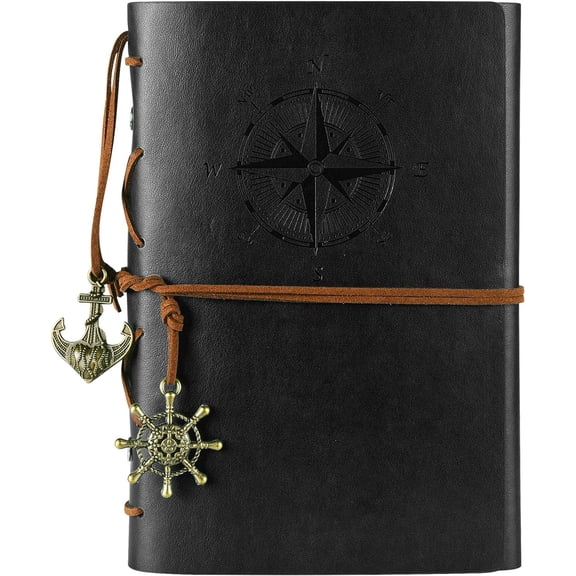 Leather Journal Notebook, Vintage Spiral Notebook Refillable Daily Planner Embossed Travel Journal Diary with Blank Pages and Retro Pendants (Black)