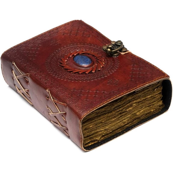 Leather Journal with Semi Precious Stone - Lock Closure, 240 pages Antique Deckle Edge Paper - Book of Shadows, Grimoire Journal, Witch Journal for Men and Women - 7" x 5"