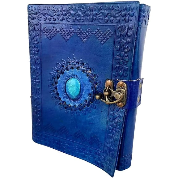 Leather Journal with Unlined Pages - Turquoise Blue Stone Leather Bound Writing Journal for Women & Men medieval Gemstone Studded Handmade Notebook Office Poetry Sketch Book Handcraft Paper Stone