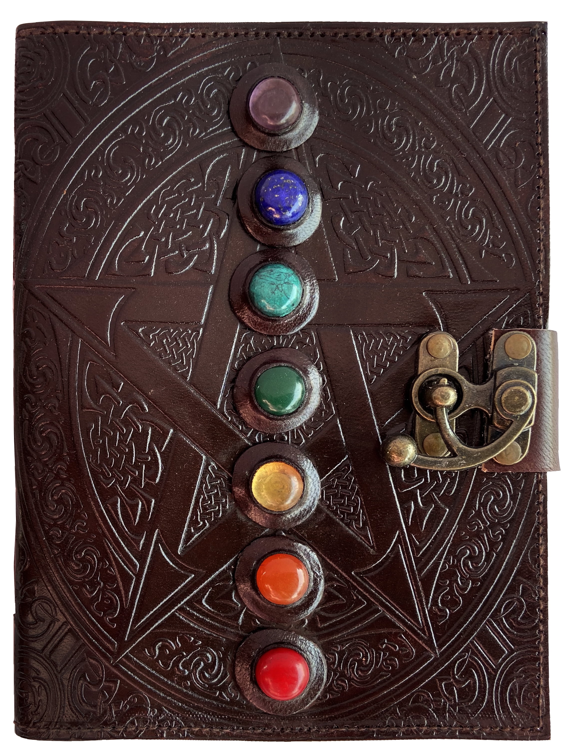 Leather Journal Writing Notebook 7 Chakra Stone Diary for Men & Women, Handmade Antique Deckle Edge Paper - Book of Shadow Travel Diary Gift for Him Her by Rustic Town, Brown
