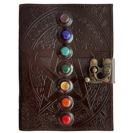 Leather Journal Writing Notebook 7 Chakra Stone Diary for Men & Women, Handmade Antique Deckle Edge Paper - Book of Shadow Travel Diary Gift for Him Her by Rustic Town, Brown