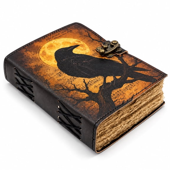 Leather Journal Writing Notebook for Men and Women, 7 x 5 Inch, Raven Moon