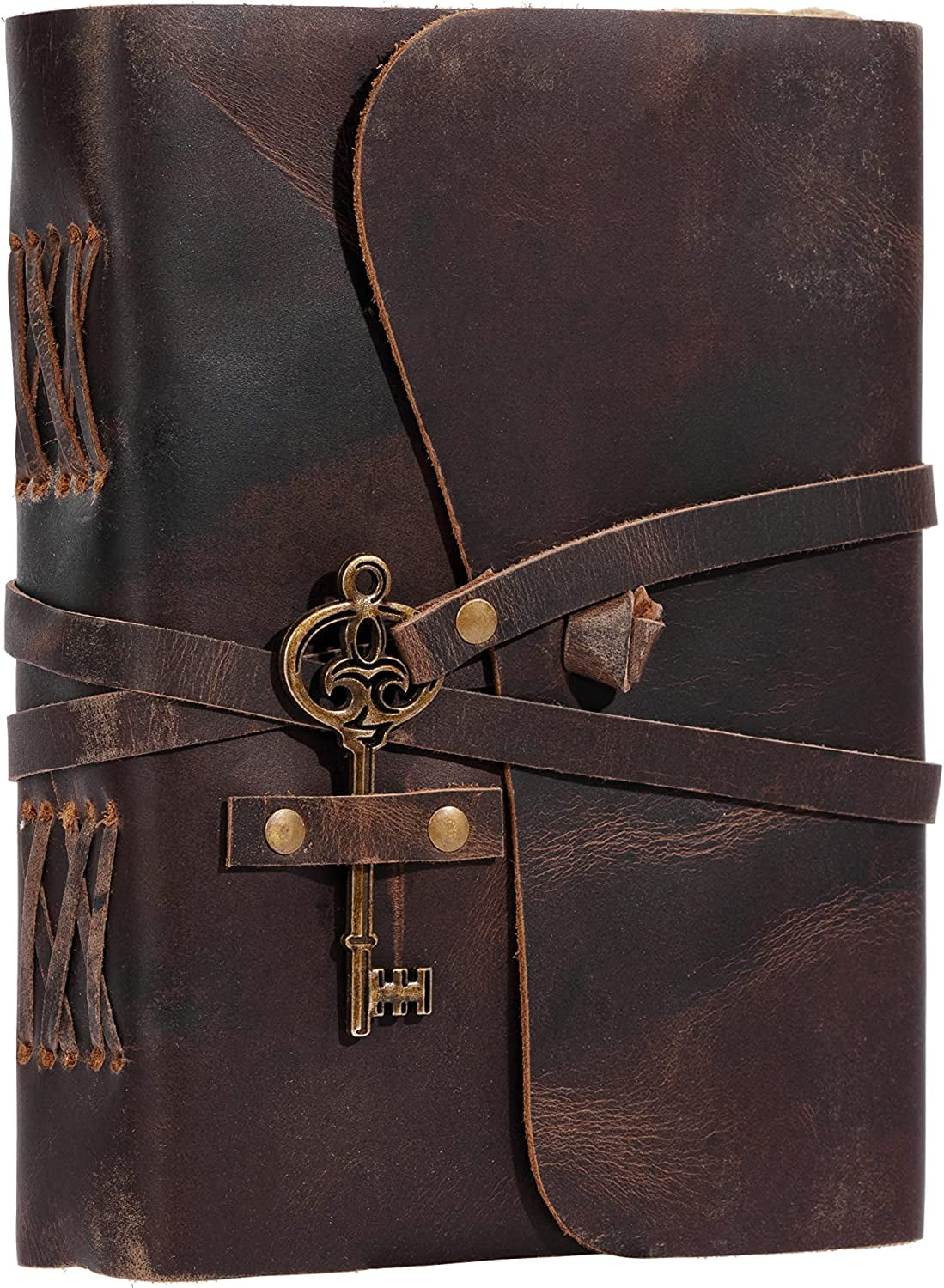 Leather Journal with lined Deckle Edge Paper 8x6 inch and Vintage Key/Handmade Writing Notebook Diary/Bound Daily Notepad for Men & Women Medium, Sketch/Writing pad, Gift for Artists (8 x 6, Brown)