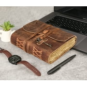 Leather Journal with lined Deckle Edge Paper 8x6 inch and Vintage Key/ Handmade Writing Notebook Diary/ Bound Daily Notepad for Men & Women Medium, Sketch/Writing pad, Gift for Artists