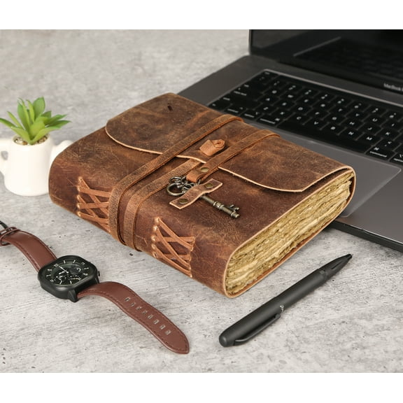 Leather Journal with lined Deckle Edge Paper 8x6 inch and Vintage Key/ Handmade Writing Notebook Diary/ Bound Daily Notepad for Men & Women Medium, Sketch/Writing pad, Gift for Artists