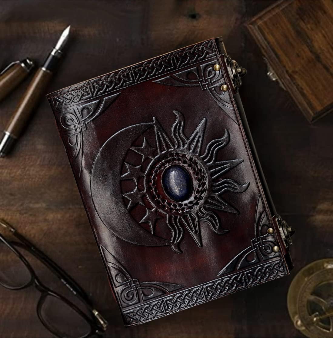 Leather Journal with  and Moon Embossing and Blue Stone Detail - Vintage Water Buffalo Diary for Writing Sketching