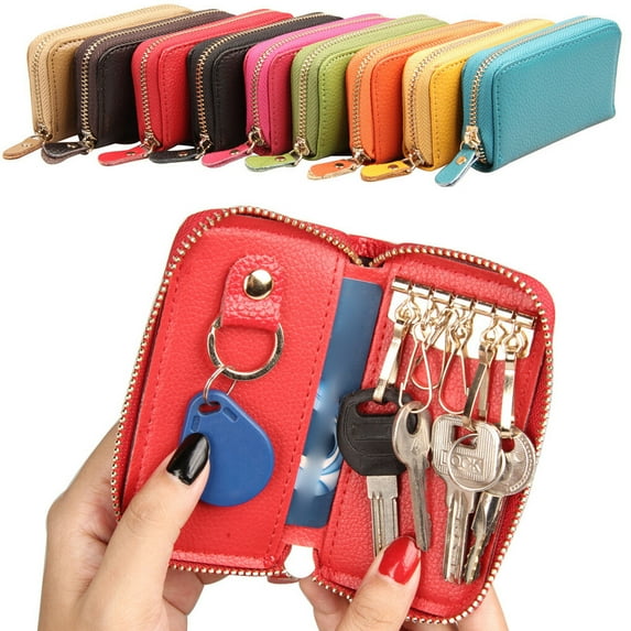 Leather Key Case Card Holder Zipper Solid Color Purse Wallet Car Keys Holder Fashion Pouch Men Women Housekeeper Red